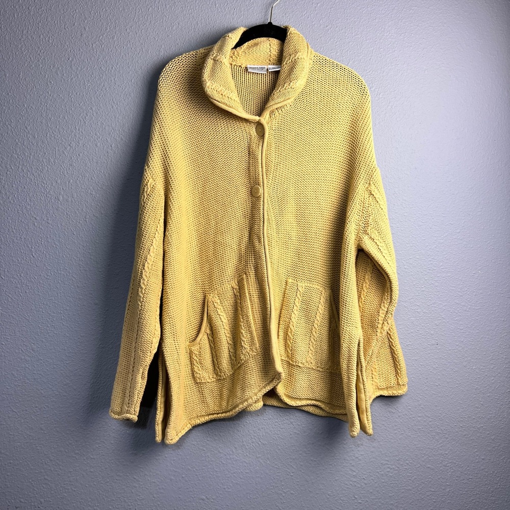Newport News Easy Style Mustard Yellow Ramie Cotton Cable Knit Cardigan‎ Large
